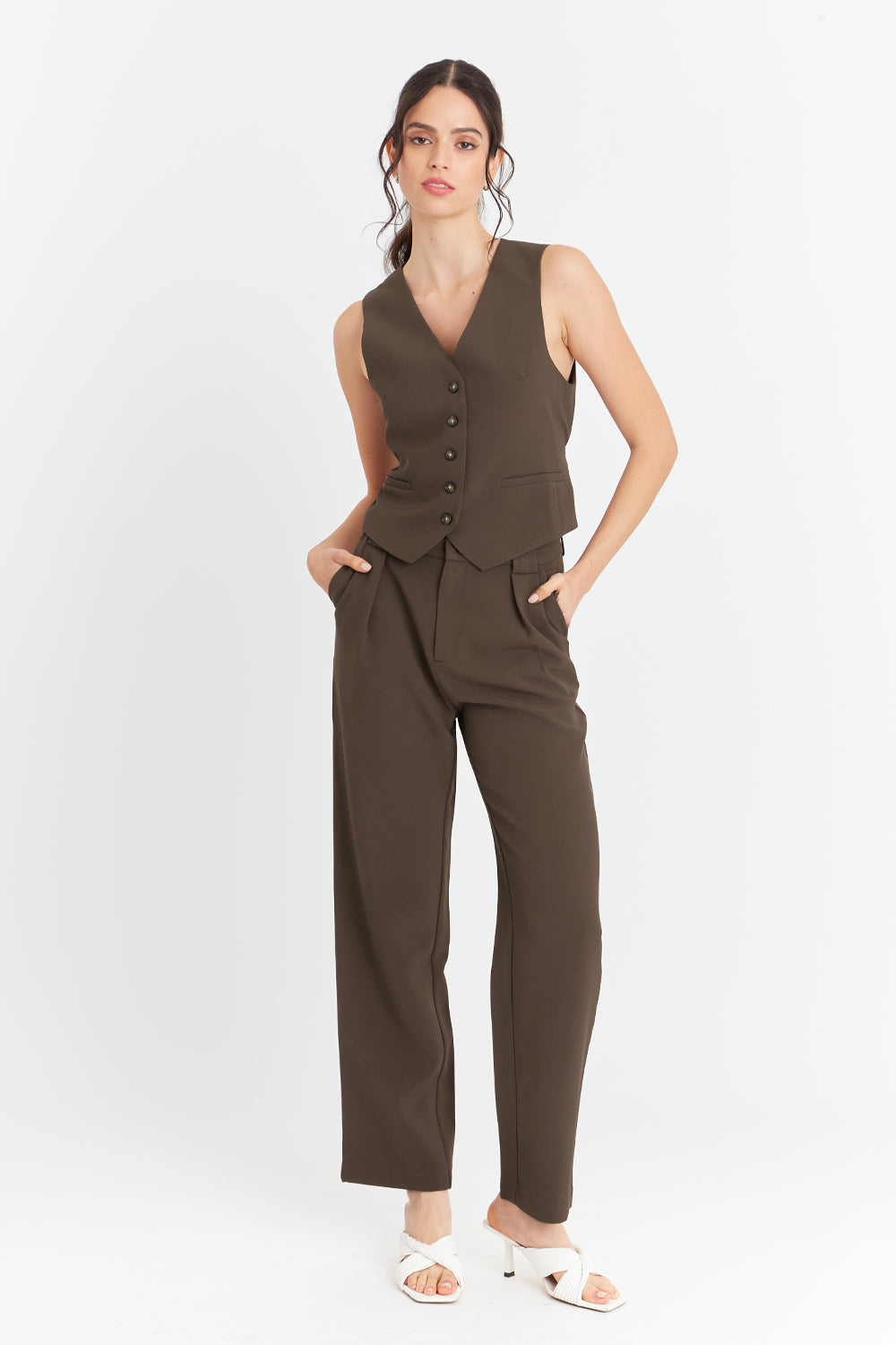 Pantalón Básico Pierna Ancha Marrón Nicopoly