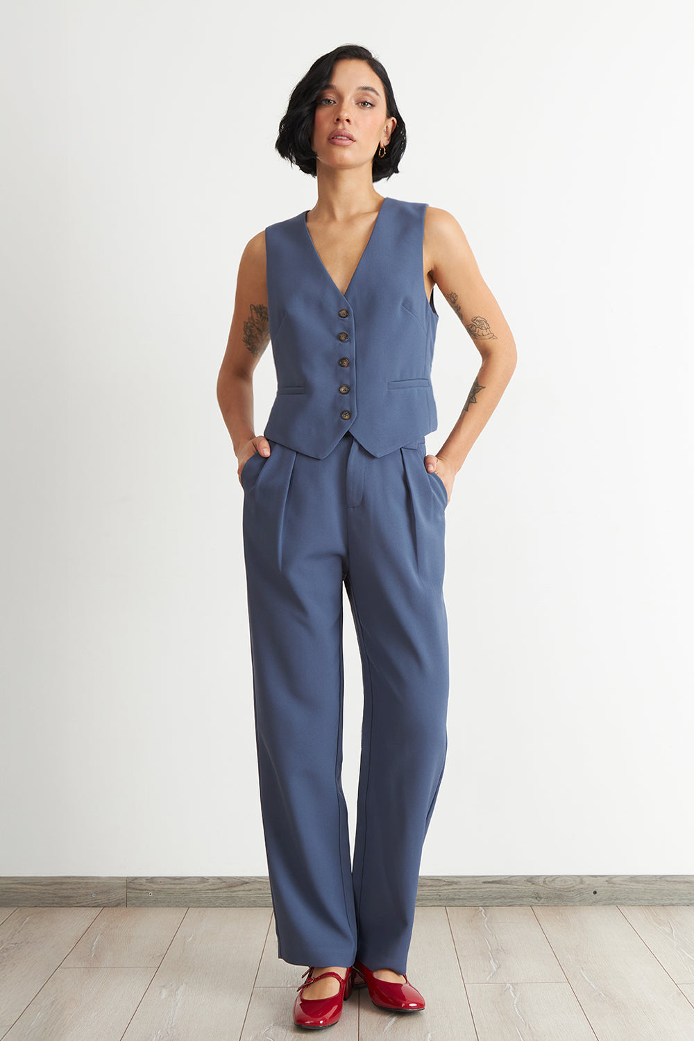 Pantalón Recto Con Pinza Azul