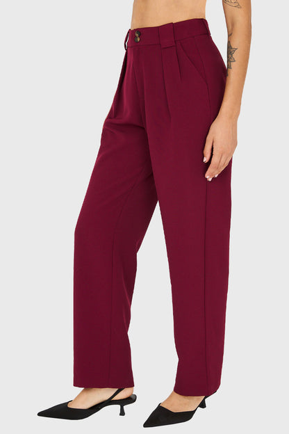 Pantalón Recto Con Pinzas Burdeo