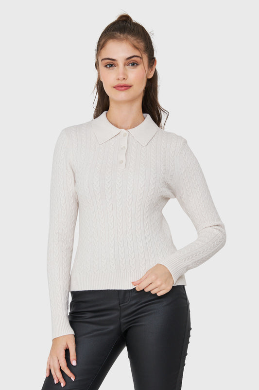 Sweater Cuello Camisero Cadenetas Blanco Invierno