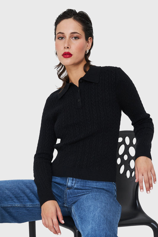 Sweater Cuello Camisero Cadenetas Negro