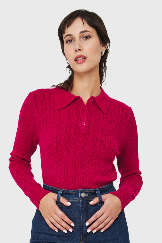 Sweater Cuello Camisero Cadenetas Fucsia