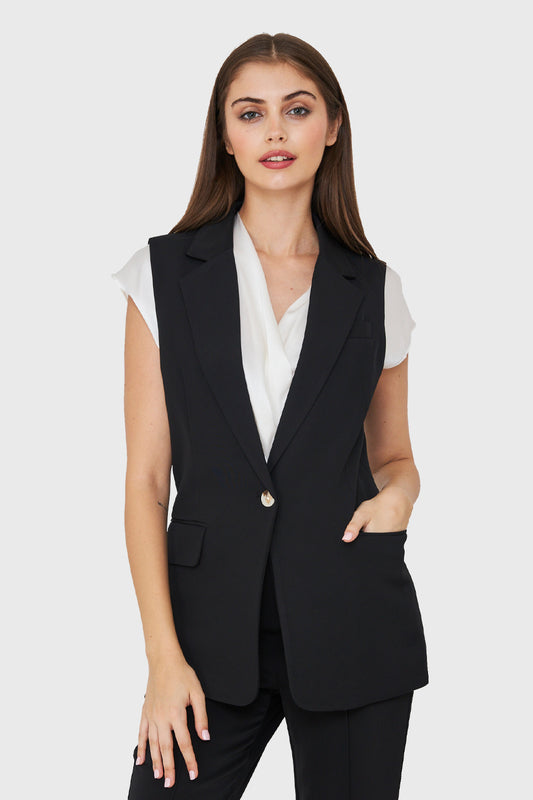 Blazer Sin Mangas Botón Negro