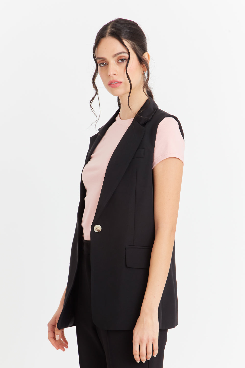 Blazer Sin Mangas Bolsillos Negro