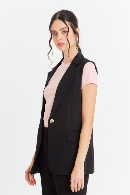 Blazer Sin Mangas Bolsillos Negro