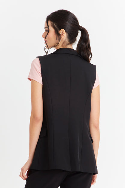 Blazer Sin Mangas Bolsillos Negro