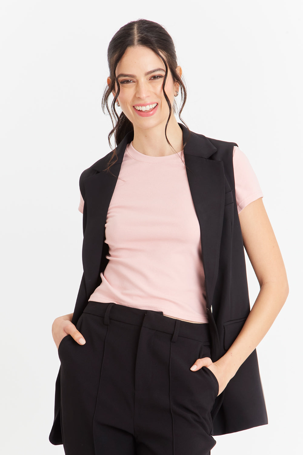 Blazer Sin Mangas Bolsillos Negro