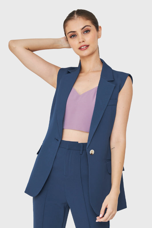 Blazer Sin Mangas Botón Azul Acero