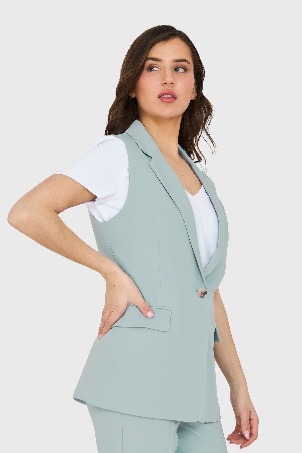 Blazer Sin Mangas Bolsillos Celeste