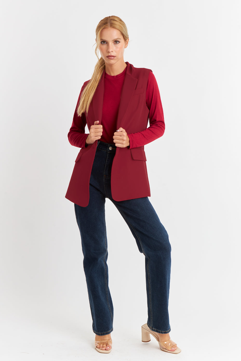 Blazer Sin Mangas Botón Burdeos