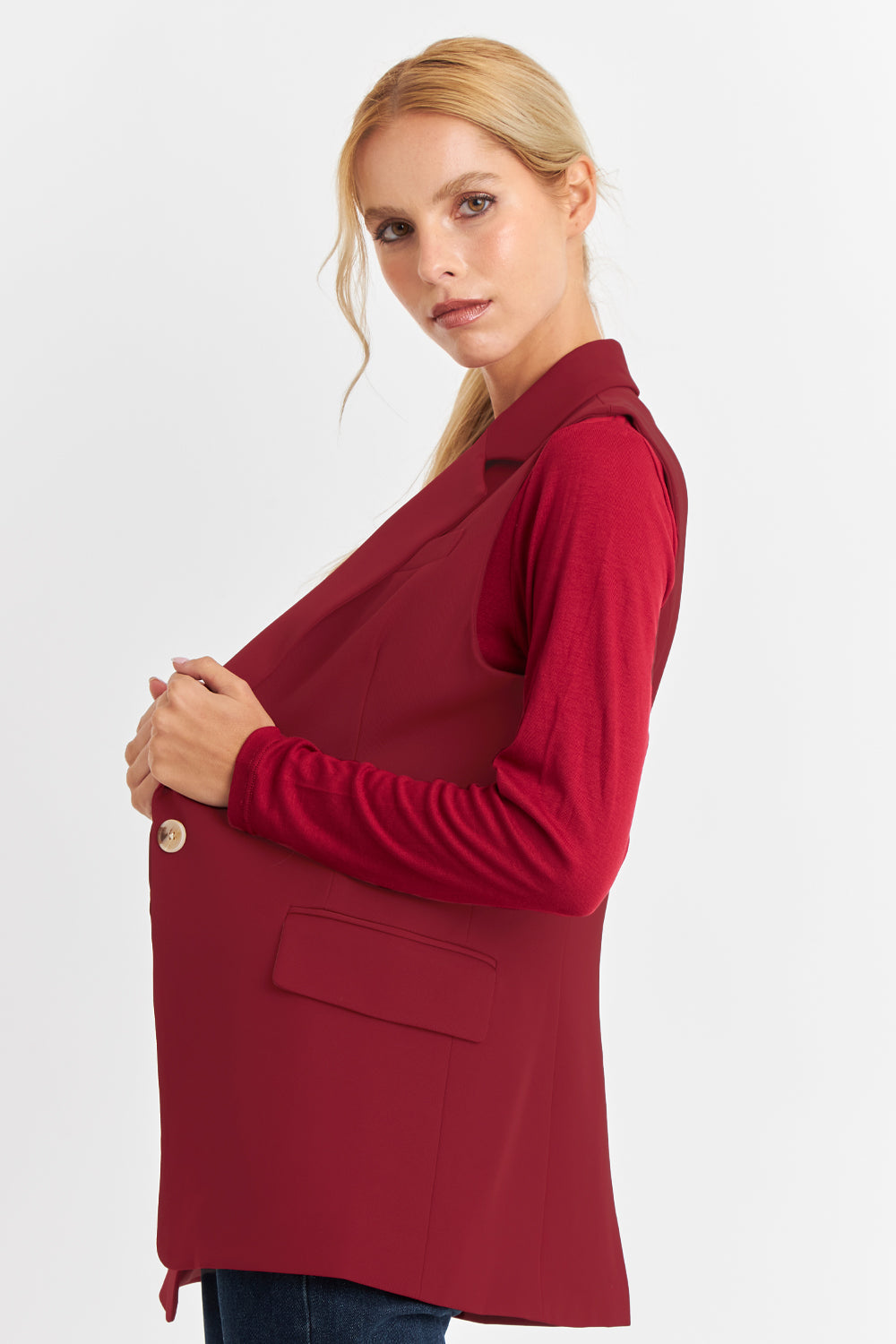 Blazer Sin Mangas Botón Burdeos