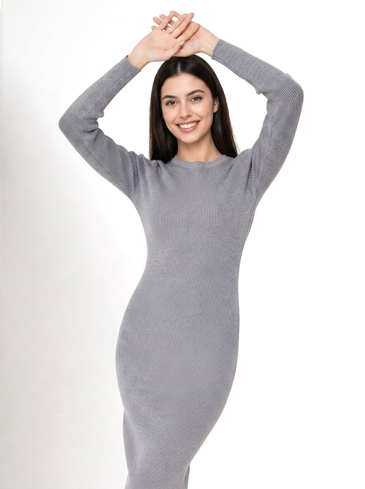 Vestido Acanalado Manga Larga Gris