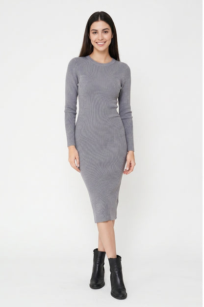 Vestido Acanalado Manga Larga Gris