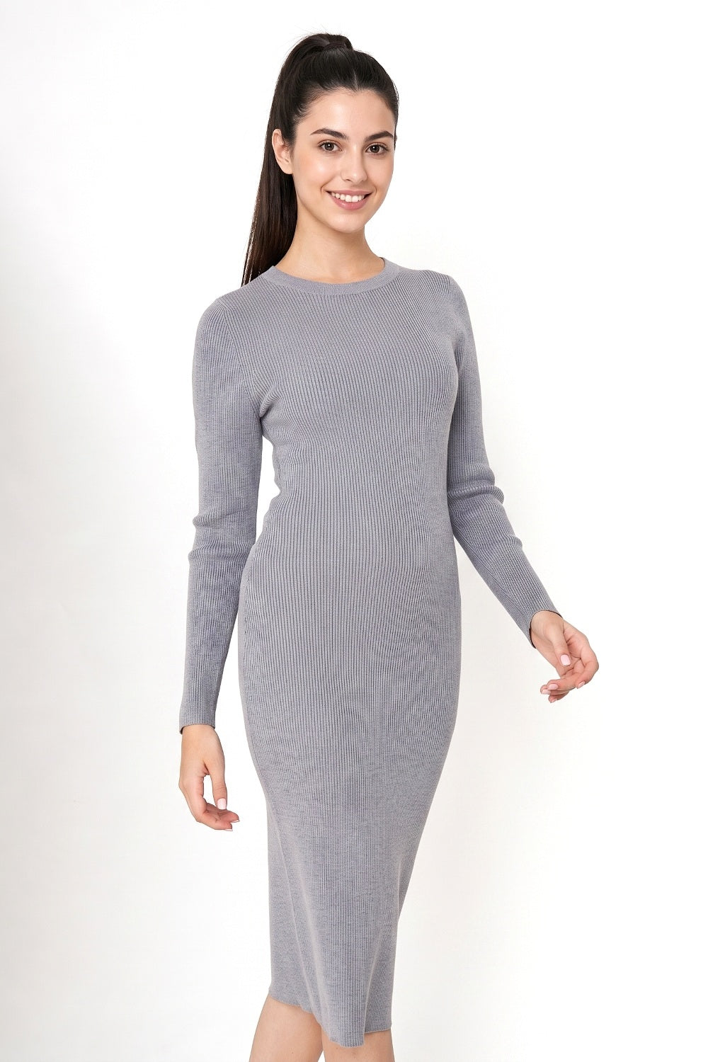 Vestido Acanalado Manga Larga Gris