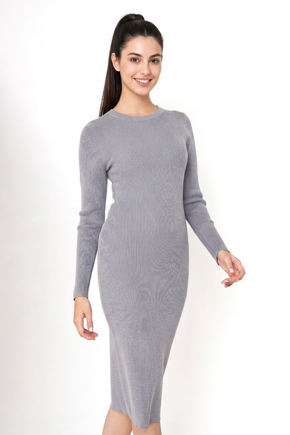 Vestido Acanalado Manga Larga Gris