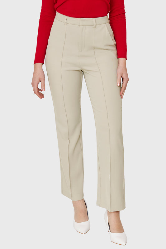 Pantalón Recto Costura Frontal Beige
