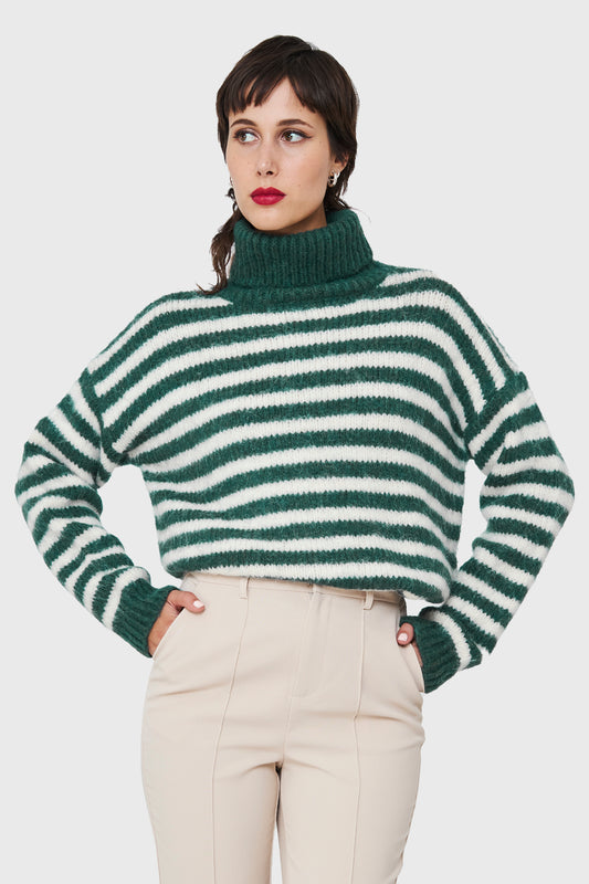 Sweater Holgado Rayado Cuello Alto Verde