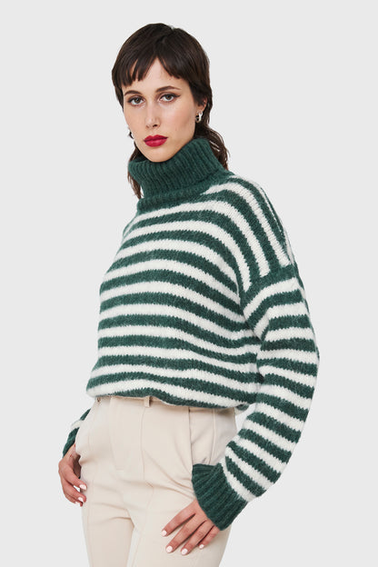 Sweater Holgado Rayado Cuello Alto Verde