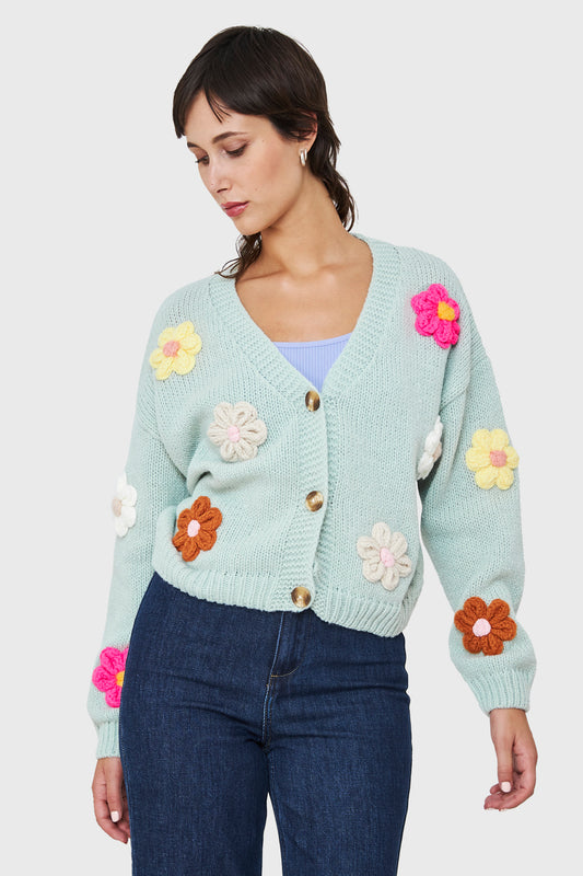 Cárdigan Manga Flores 3D Verde Agua