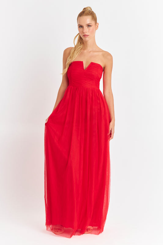 Vestido Strapless y Escote V Rojo
