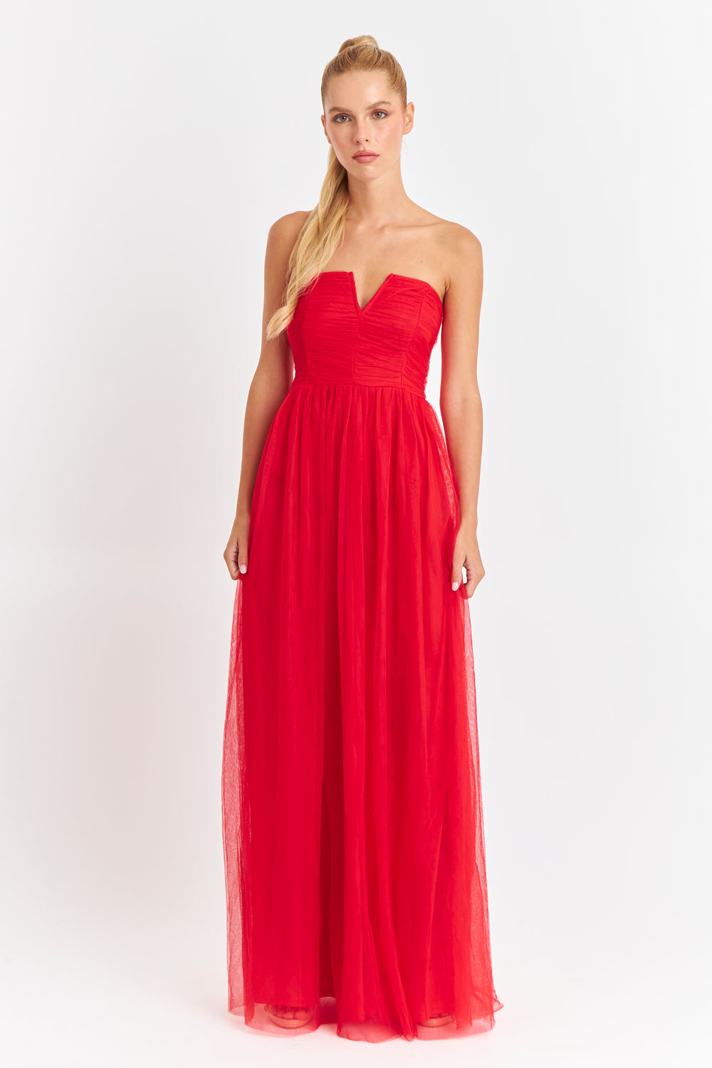 Vestido Strapless y Escote V Rojo
