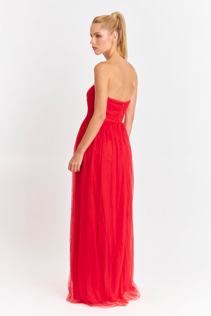 Vestido Strapless y Escote V Rojo