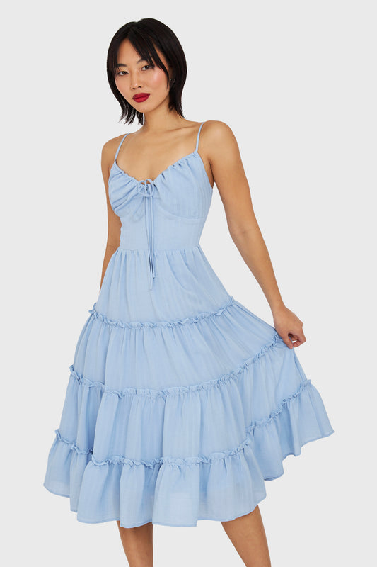 Vestido Pabilo Con Volantes Celeste