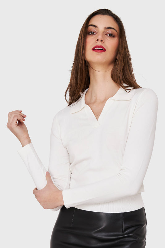 Polera Manga Larga Cuello Camisero Blanco Invierno