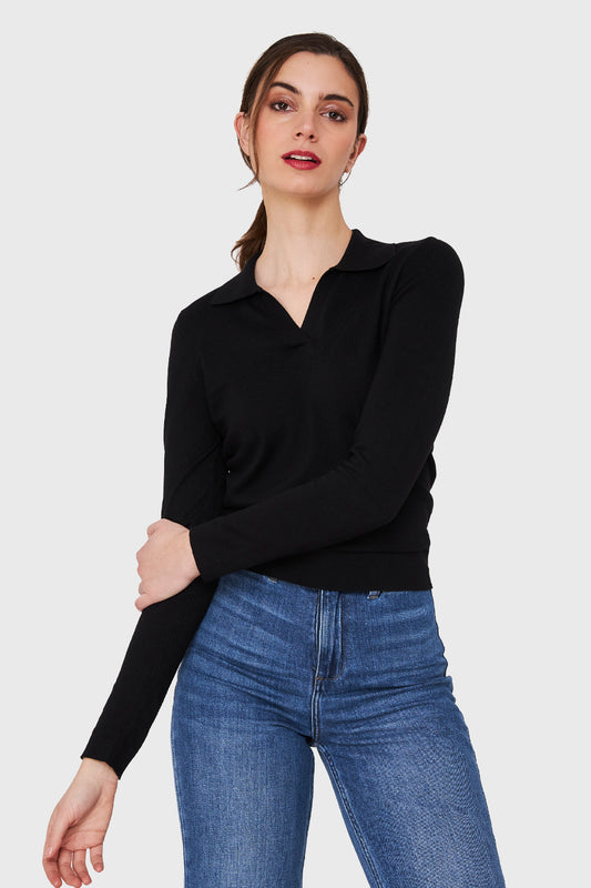 Polera Manga Larga Cuello Camisero Negro