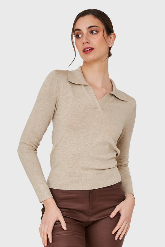 Polera Manga Larga Cuello Camisero Khaki