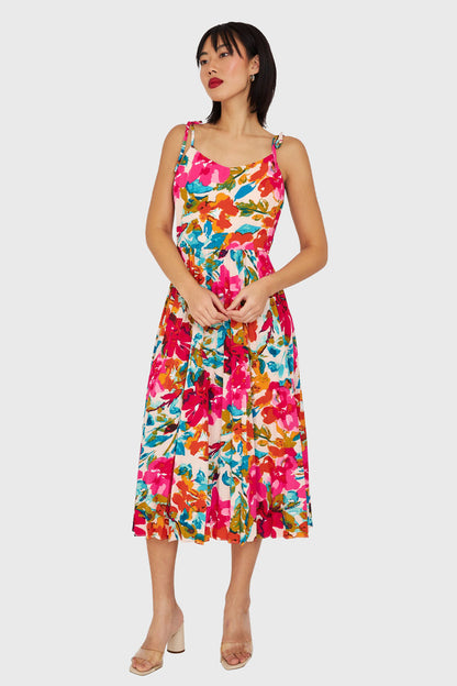 Vestido Con Faldón Plisado Fucsia