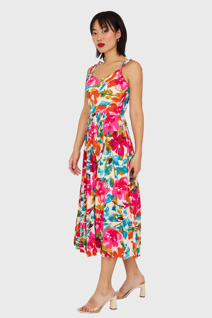 Vestido Con Faldón Plisado Fucsia