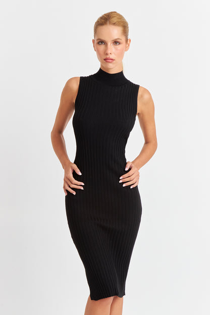 Vestido Acanalado Cuello Alto Negro