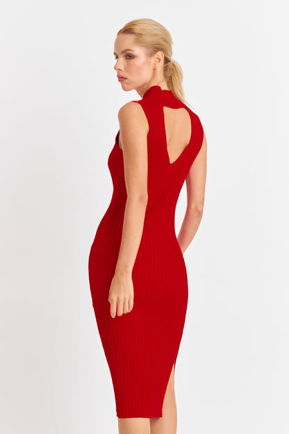 Vestido Acanalado Cuello Alto Rojo