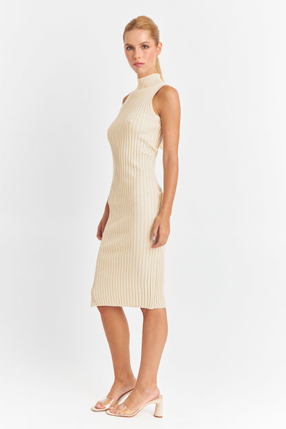 Vestido Acanalado Cuello Alto Beige