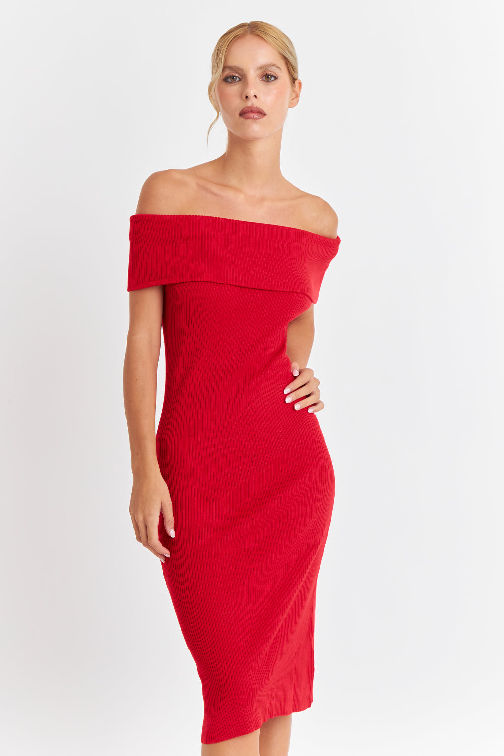 Vestido Acanalado Off The Shoulder Rojo