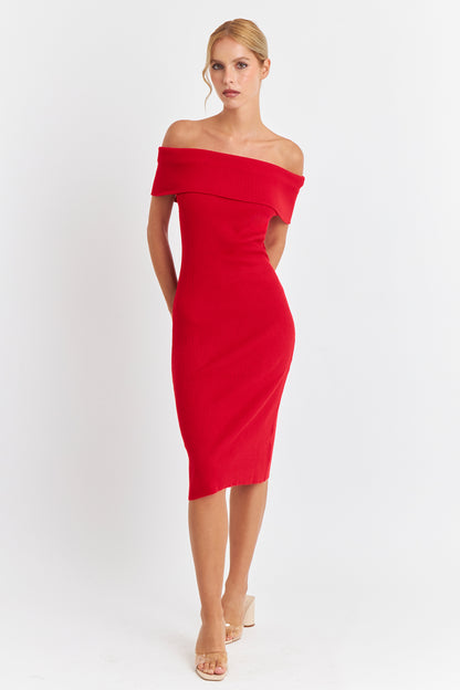 Vestido Acanalado Off The Shoulder Rojo
