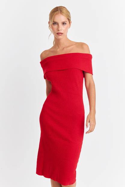 Vestido Acanalado Off The Shoulder Rojo