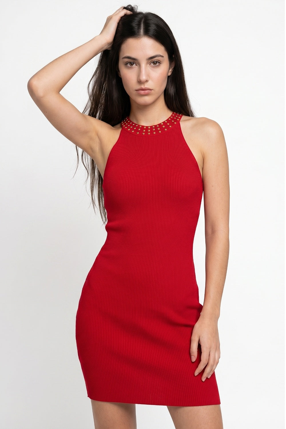 Vestido Tubo Con Strass Rojo