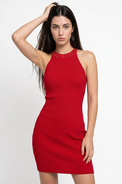 Vestido Tubo Con Strass Rojo