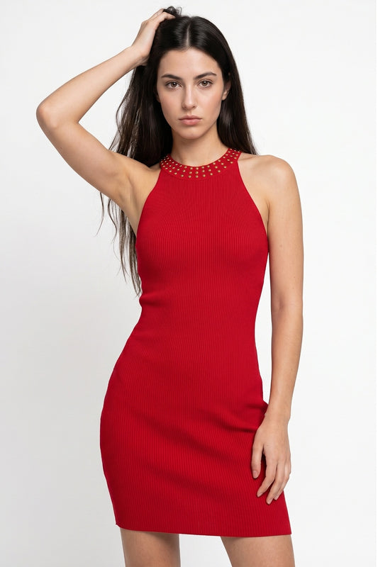 Vestido Tubo Con Strass Rojo