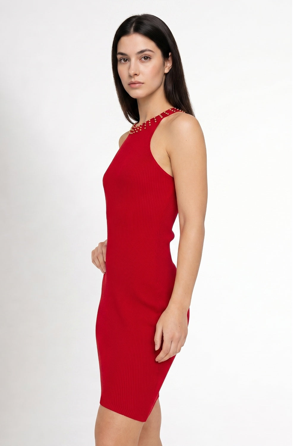 Vestido Tubo Con Strass Rojo