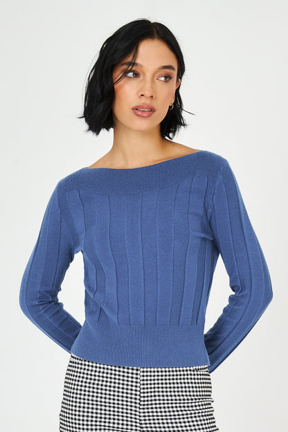 Sweater Cuello Bote Azul Acero