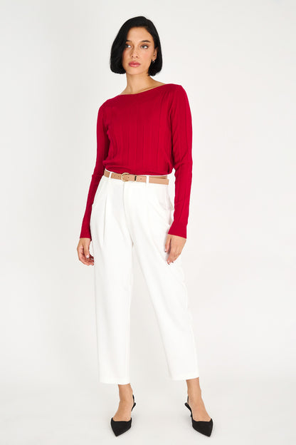 Sweater Acanalado Cuello Bote Rojo