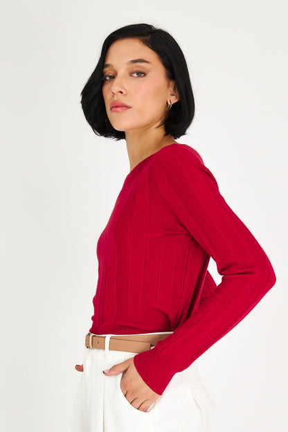 Sweater Acanalado Cuello Bote Rojo