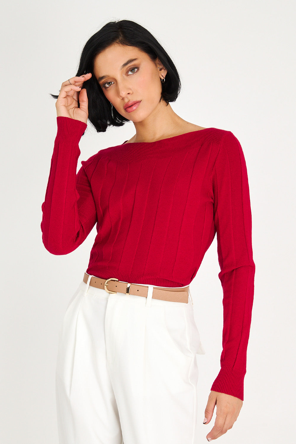 Sweater Acanalado Cuello Bote Rojo