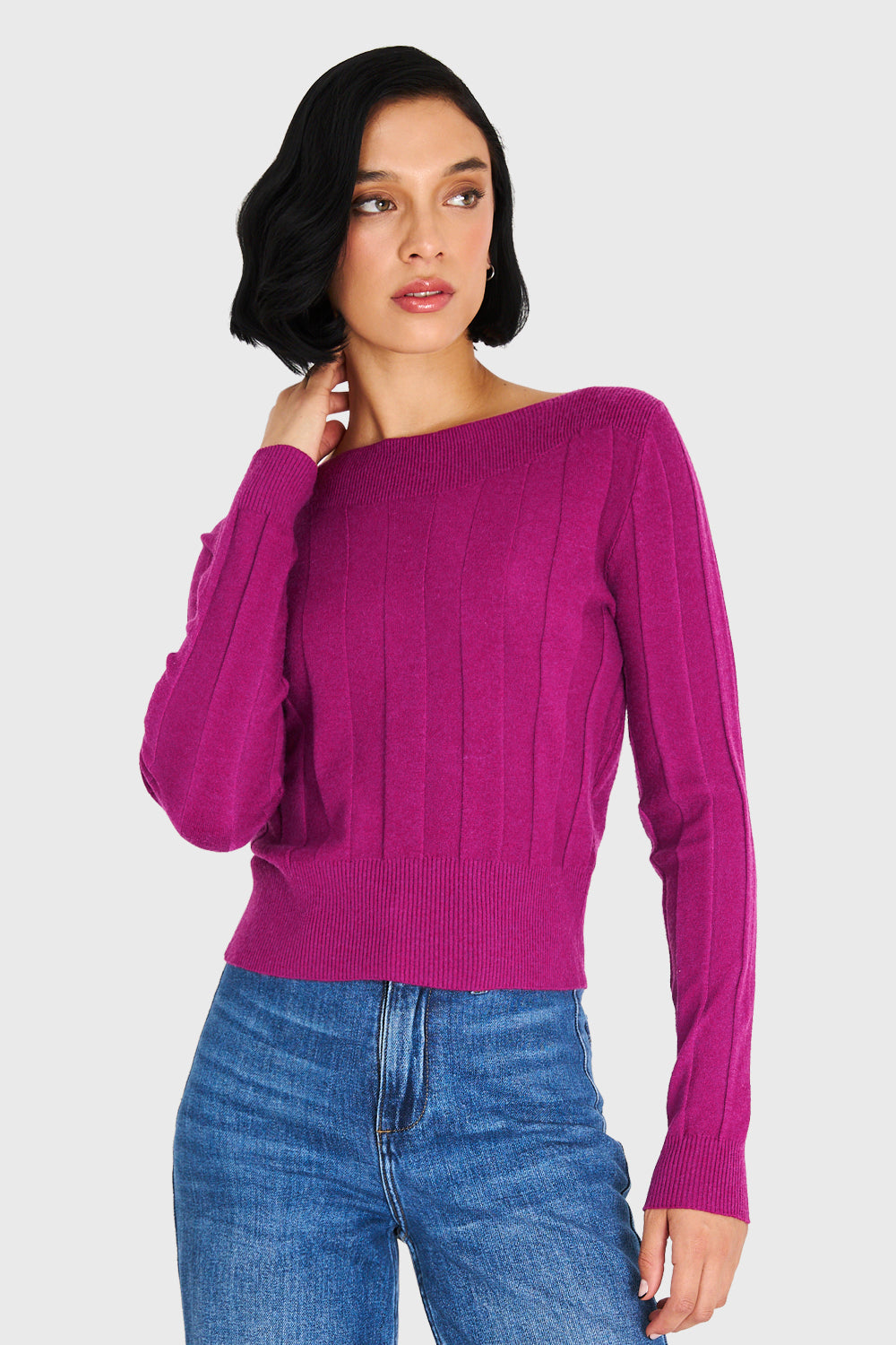 Sweater Acanalado Cuello Bote Lila