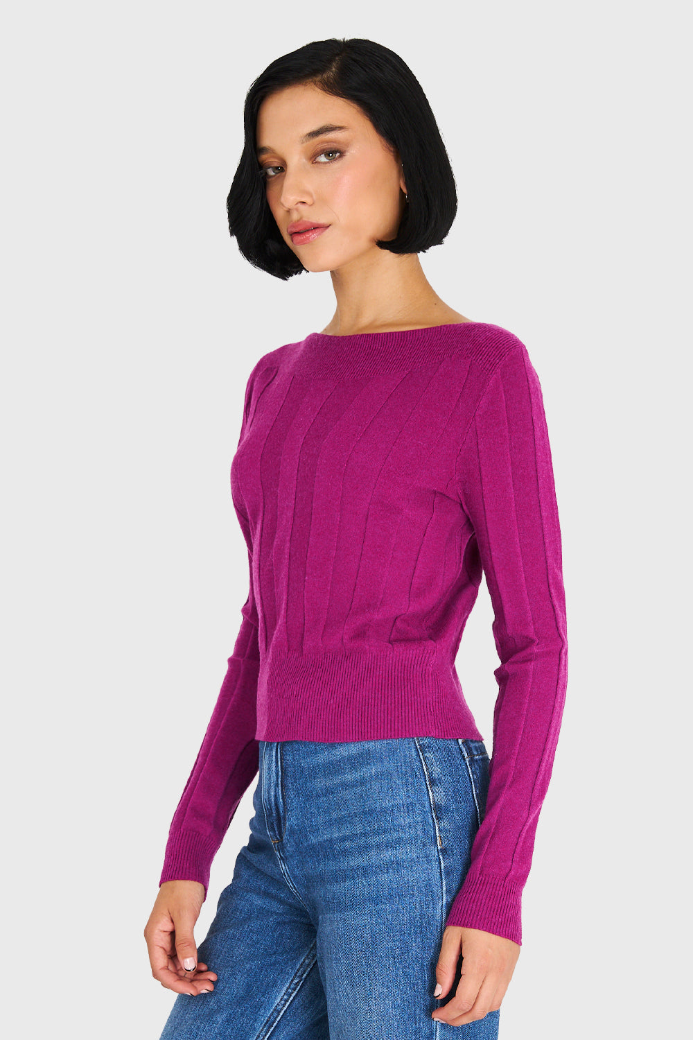 Sweater Acanalado Cuello Bote Lila