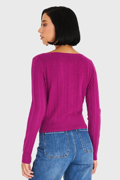 Sweater Acanalado Cuello Bote Lila