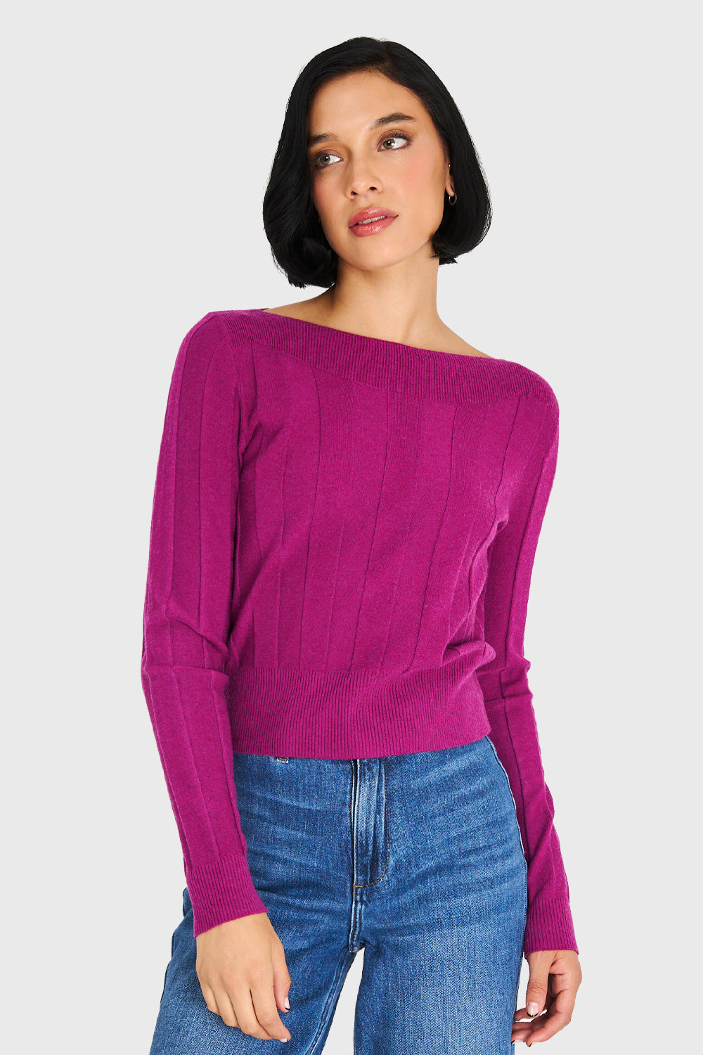 Sweater Acanalado Cuello Bote Lila